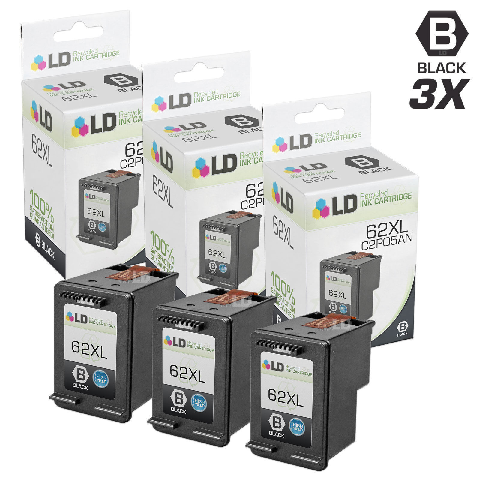 LD Remanufactured Replacements for HP C2P05AN/62XL 3PK Black Ink Cartridges