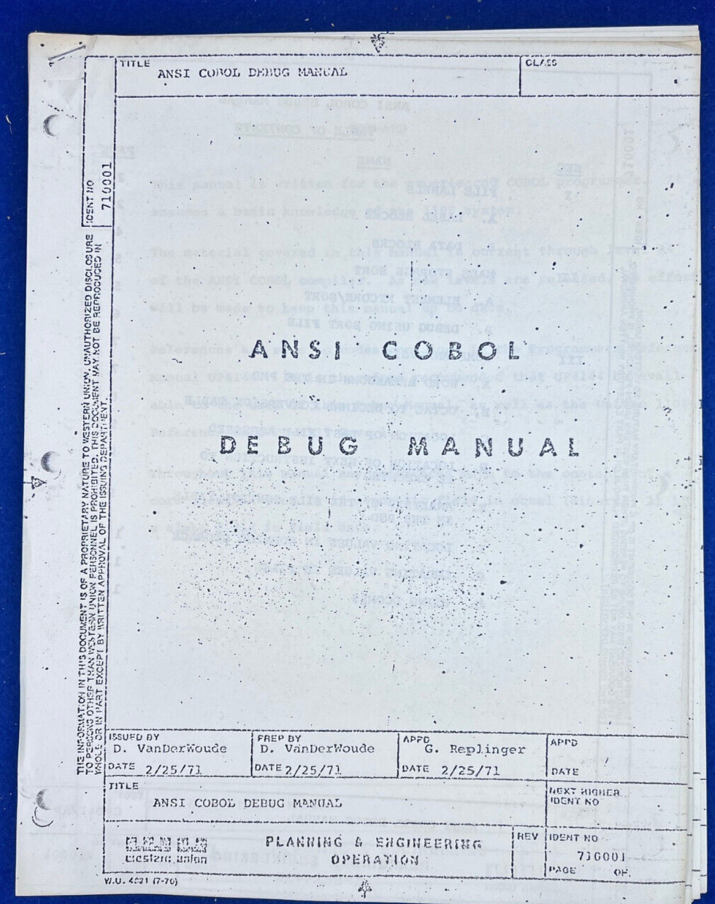 1971 Univac 1108 ANSI COBOL Debug Manual Western Union Vintage Programming Book