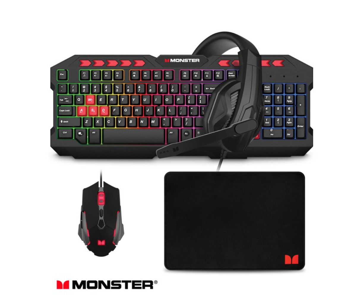 Monster 4-in-1 Gaming Keyboard, Headset, Mouse & Mouse Pad Campaign Bundle. NEW