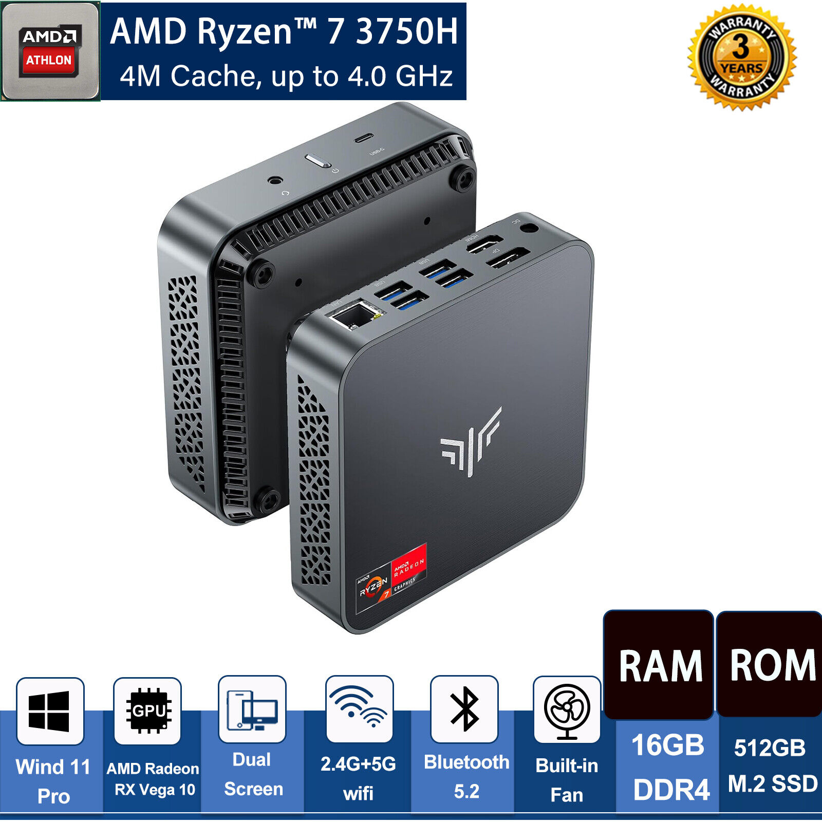 AMD Ryzen 7 3750H Mini PC Windows 11 Pro 16GB RAM 512 GB SSD Radeon RX Vega 10