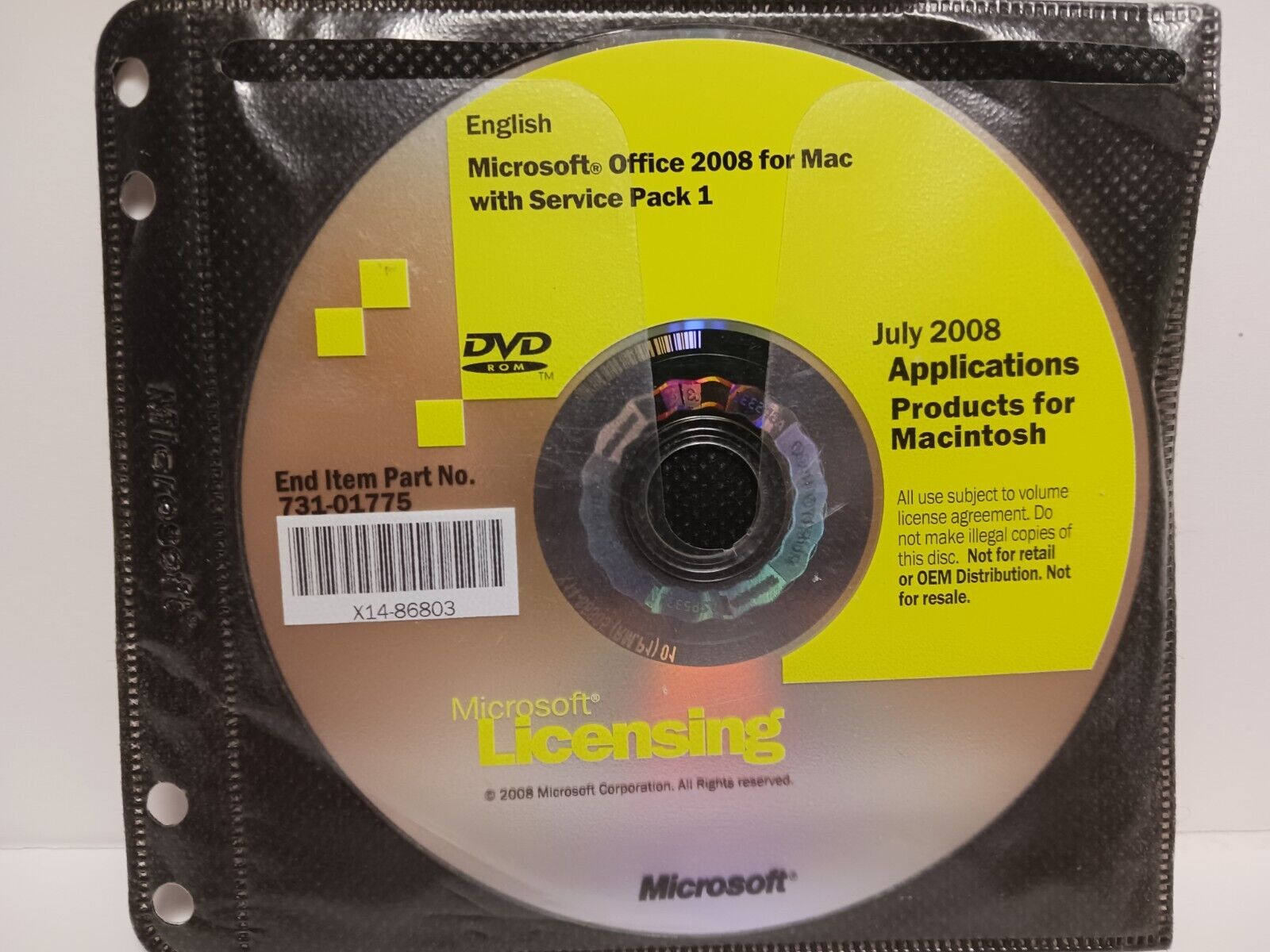 Microsoft Office 2008 for Mac with Server Pack 1 Licensing Disc w/ Product Key 