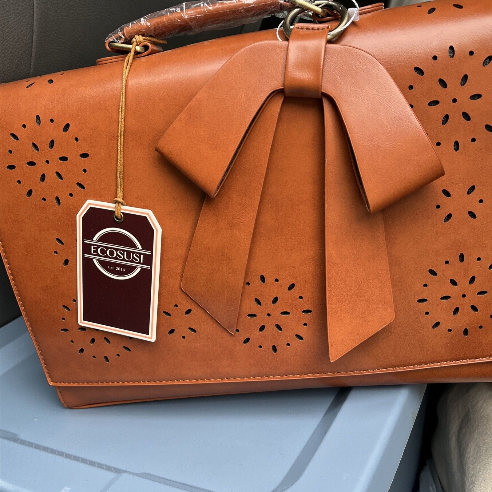 Ecosusi Vegan Leather Laptop Bag For School Satchel Bag Detachable Bow in Coffee