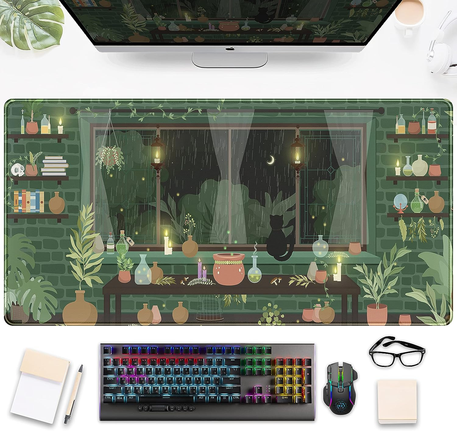 Cute Rainy Night Desk Mat Green Plants Desk Pad, Anime Black Cat Kawaii Large Ga