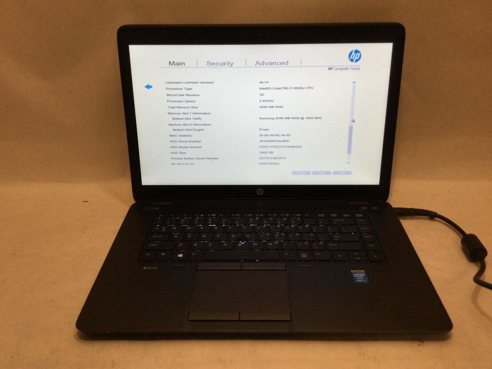 HP ZBook 15u G2 15.6” / Intel Core i7-5500U @ 2.40GHz  / (MISSING PARTS) MR