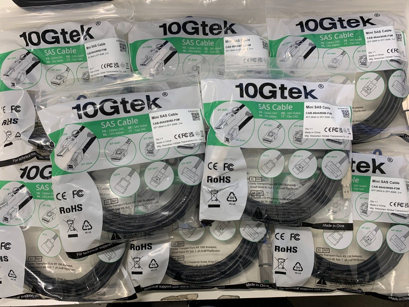**LOT OF 8** 10Gtek  Mini SAS Cable SFF-8644 to SFF-8088 3M