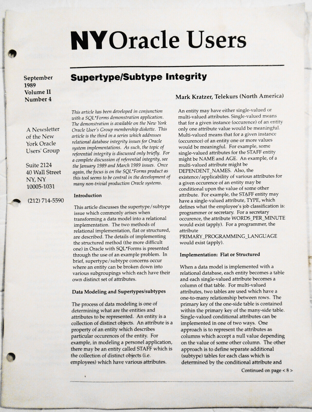 New York Oracle Users Group Newsletter, September 1989. Volume II, Number 4.