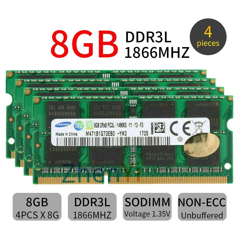 Samsung 32GB Kit 4x8GB DDR3L 1866MHz 1.35V PC3L-14900S 2Rx8 SODIMM Laptop Memory