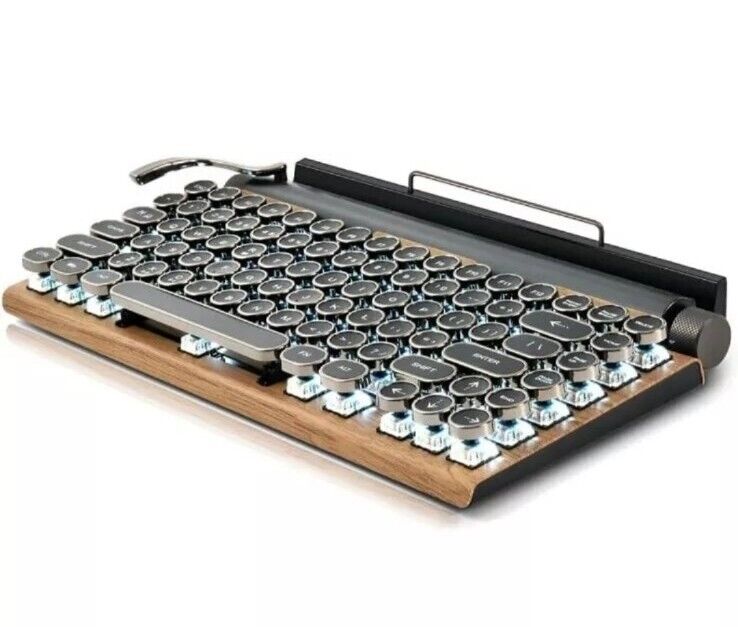 Retro Typewriter Style Keyboard w/ Blue Switches, Bluetooth 5.0, Round Keys Wood
