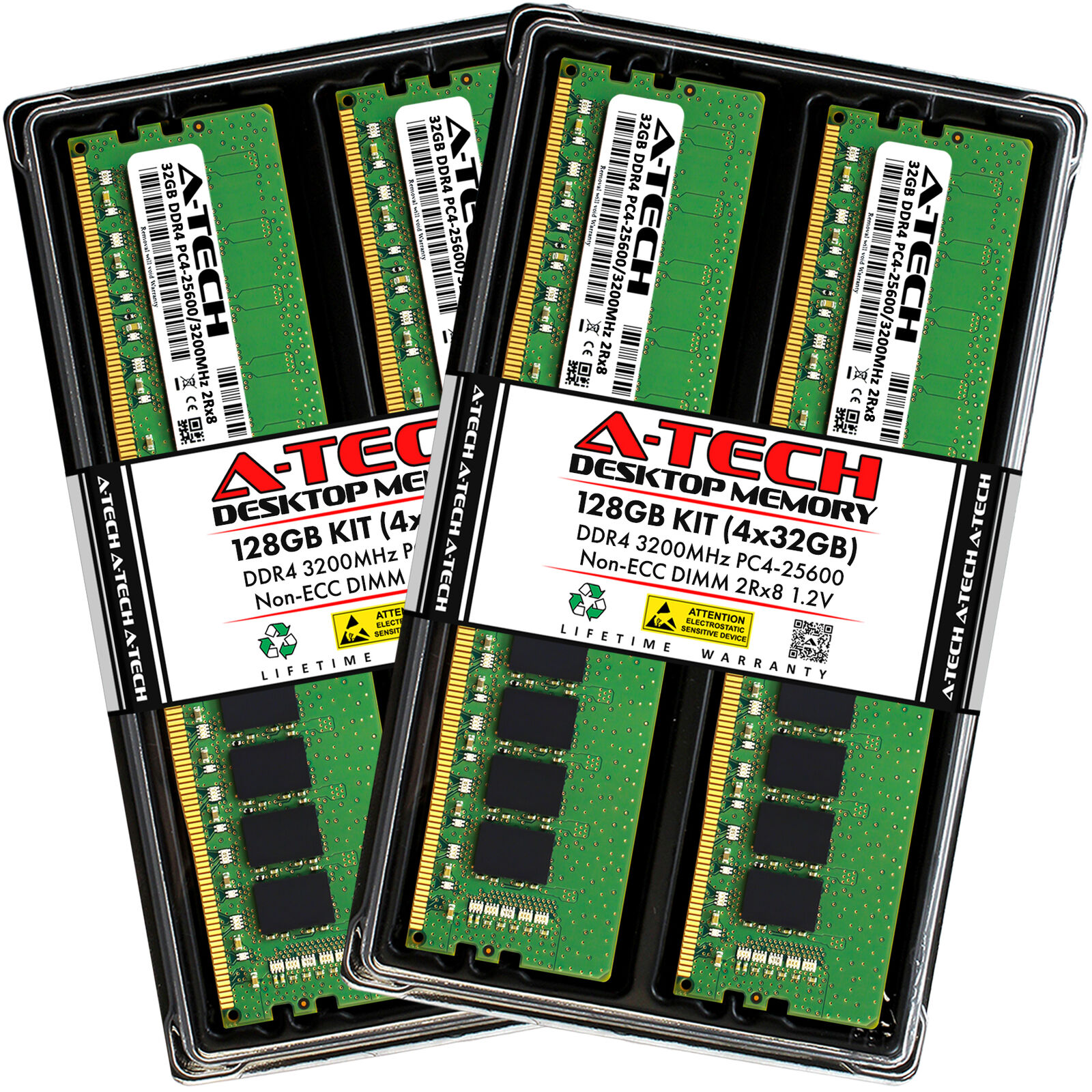 A-Tech 128GB 4x 32GB PC4-25600 Desktop DDR4 3200 Non-ECC DIMM 288-Pin Memory RAM