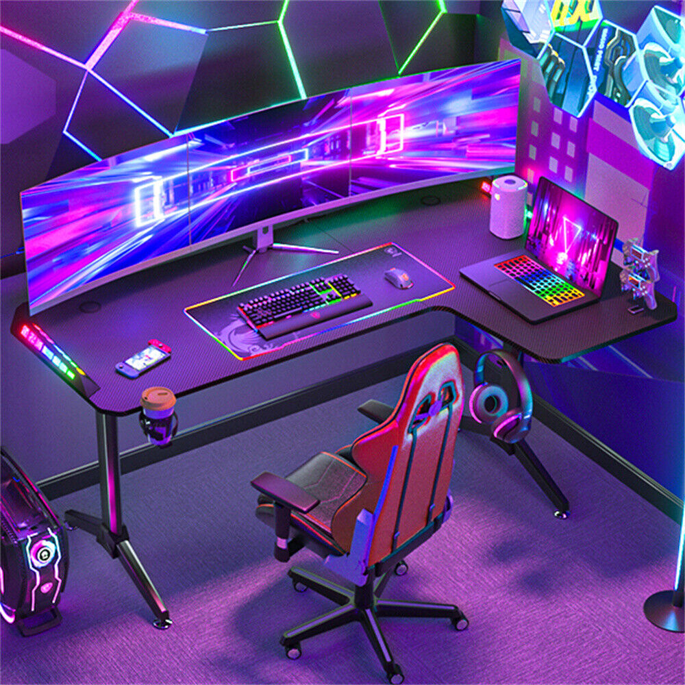 Right Corner Gaming Desk w/ LED Lights Large RGB Computer PC Table Carbon Fibre