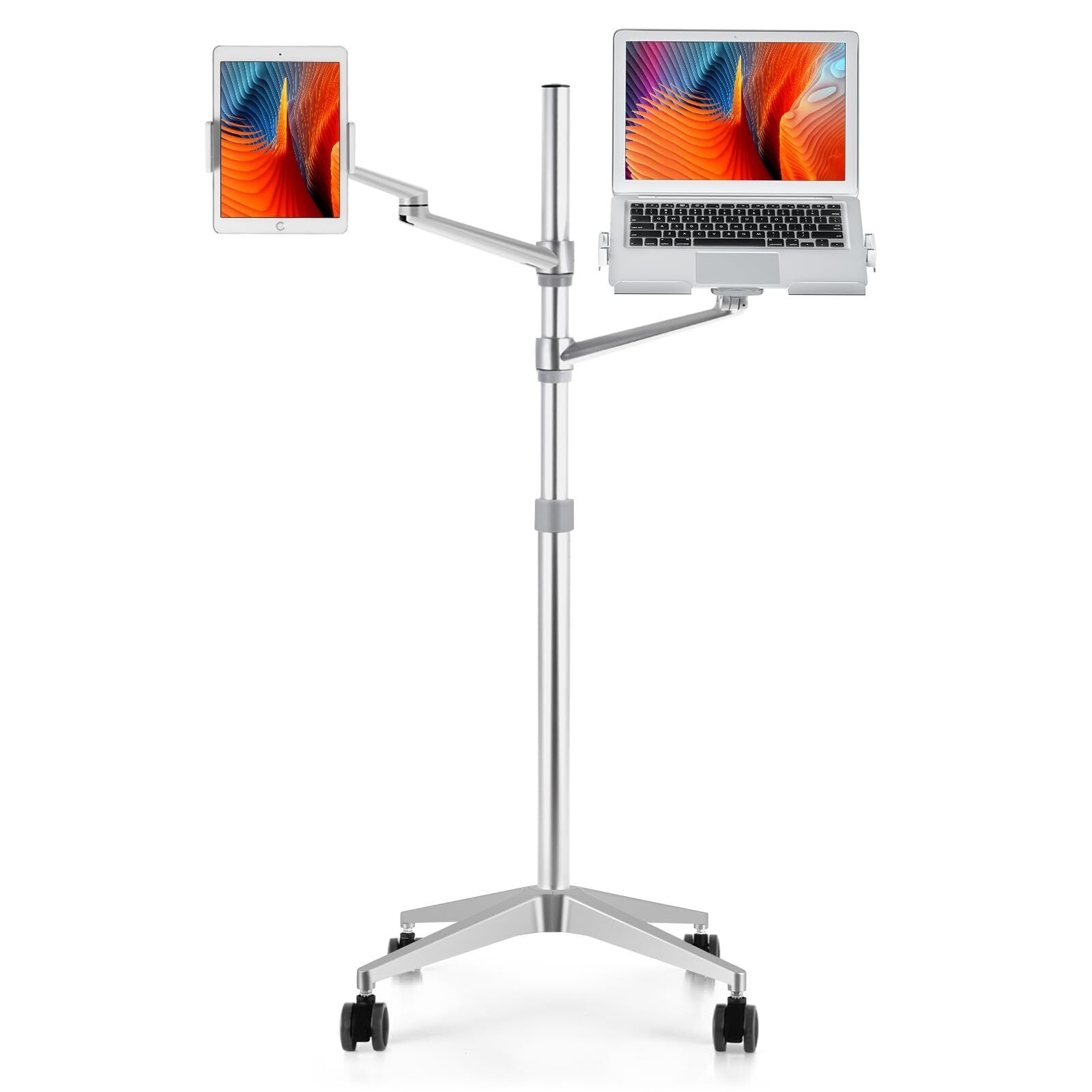 Tablet and Laptop Floor Stand, 2-in-1 Rolling Adjustable Dual arm, Compatible...