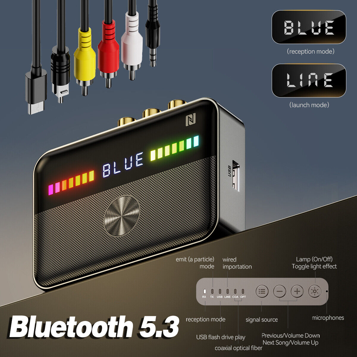 NFC Bluetooth 5.3 Wireless Transmitter Receiver HiFi Audio Music Adapter AUX RCA