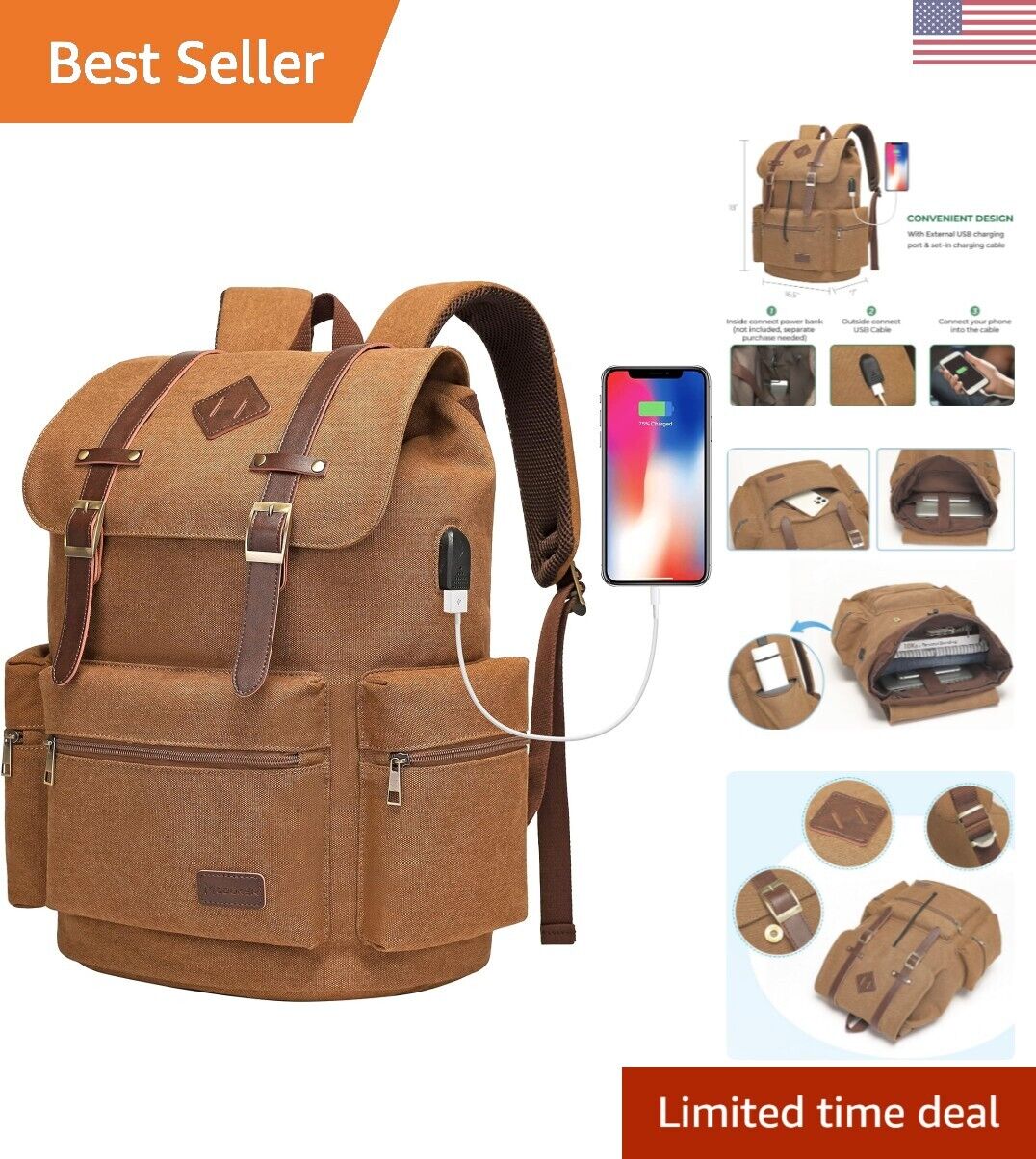 Large Versatile Multi-functional Vintage Backpack - 35L Capacity - Brown