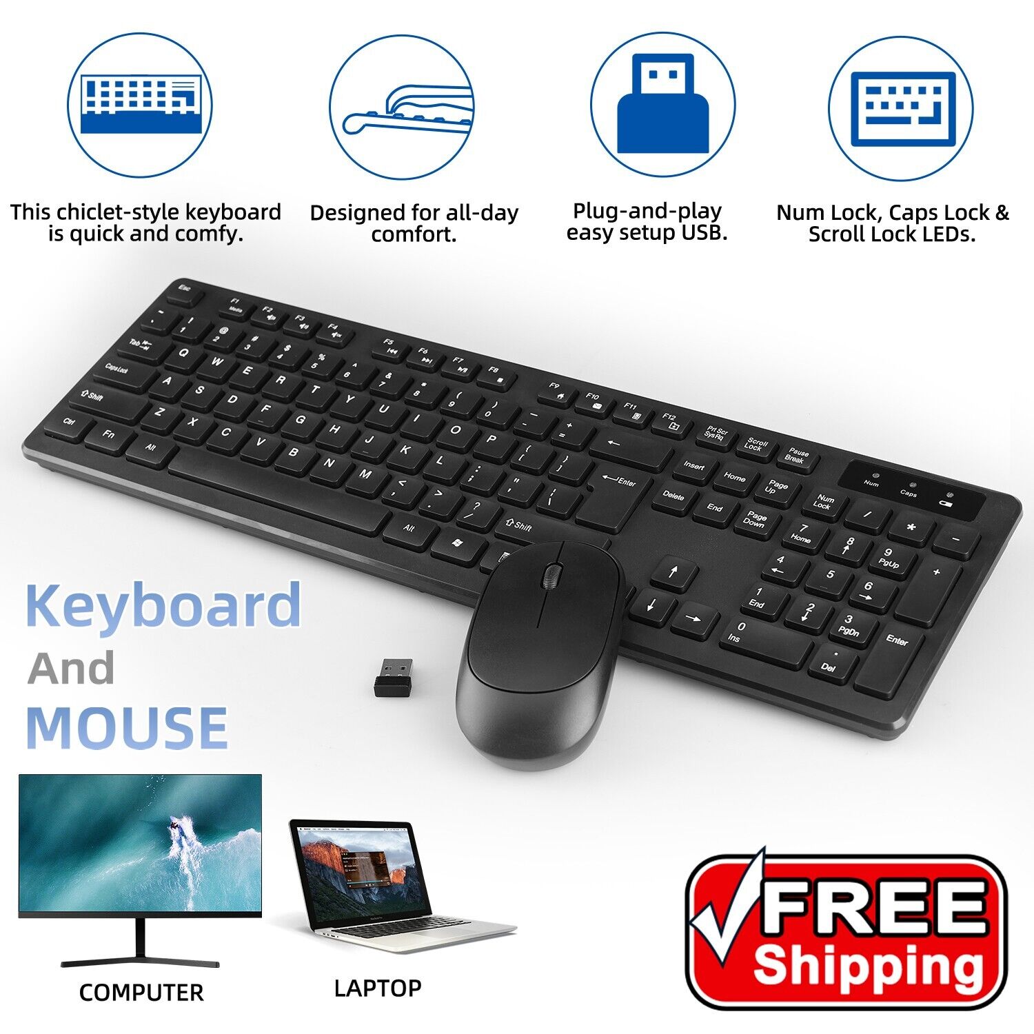 Wireless Keyboard and Mouse Combo, 2.4GHz Slim Full Size Quiet for PC Windows