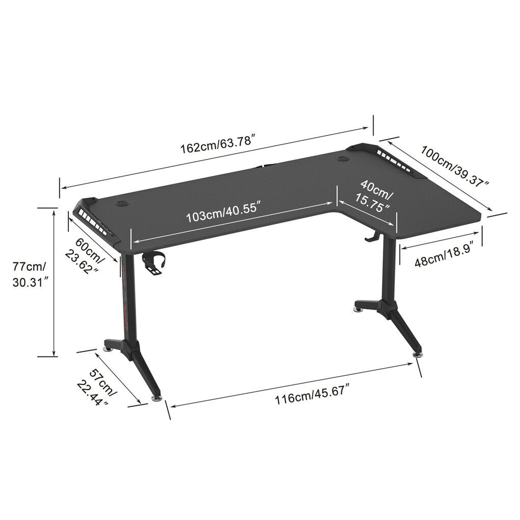Corner L Shaped Gaming Desk Computer PC Workstation Writing Table with LED Light