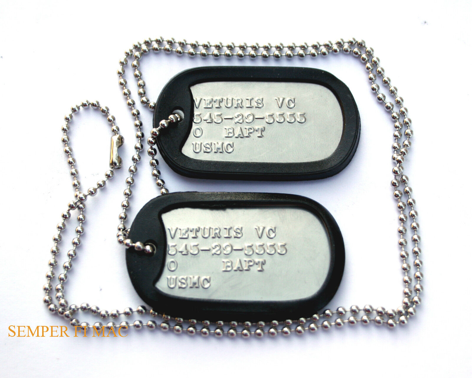2 AUTHENTIC US MARINES CUSTOM DOG TAGs NECKLACE CHAIN MCRD BOOT CAMP GRADUATION