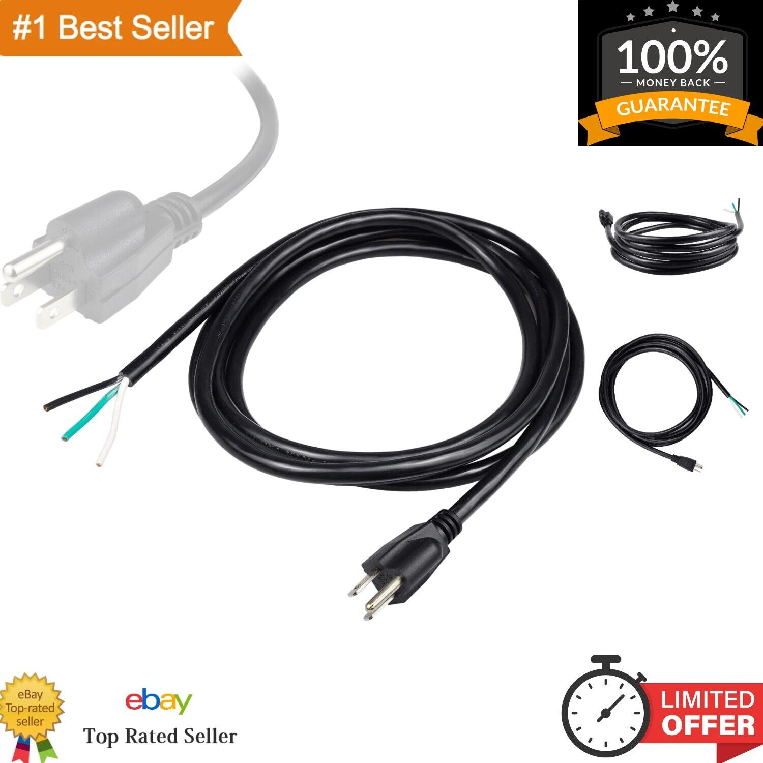 Universal AC Appliance Replacement Power Cord Cable - 10ft 14 Gauge 3 Prong