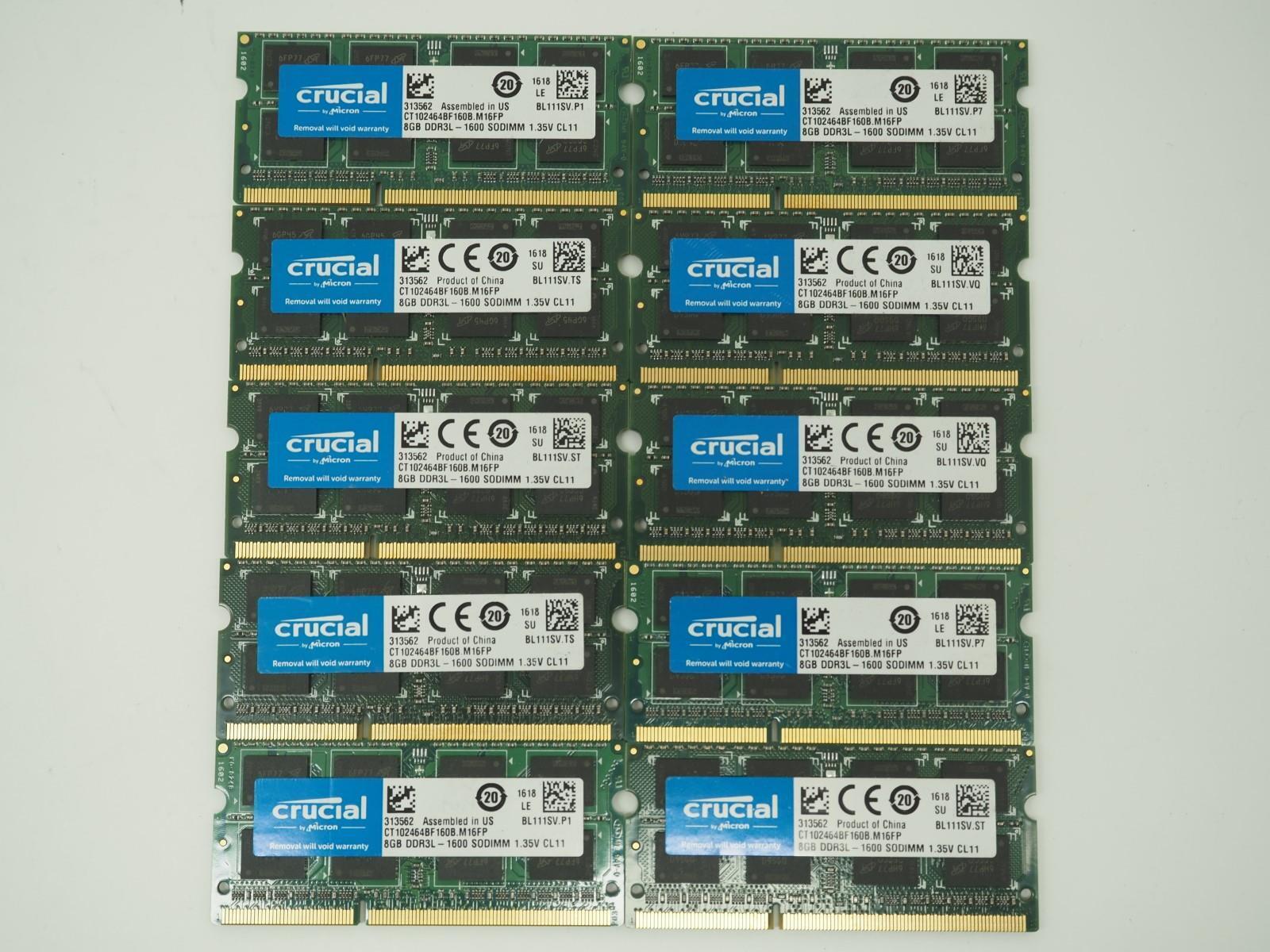 Lot of 10 CRUCIAL 8GB DDR3L-1600 SODIMM Ram/Memory - CT102464BF160B