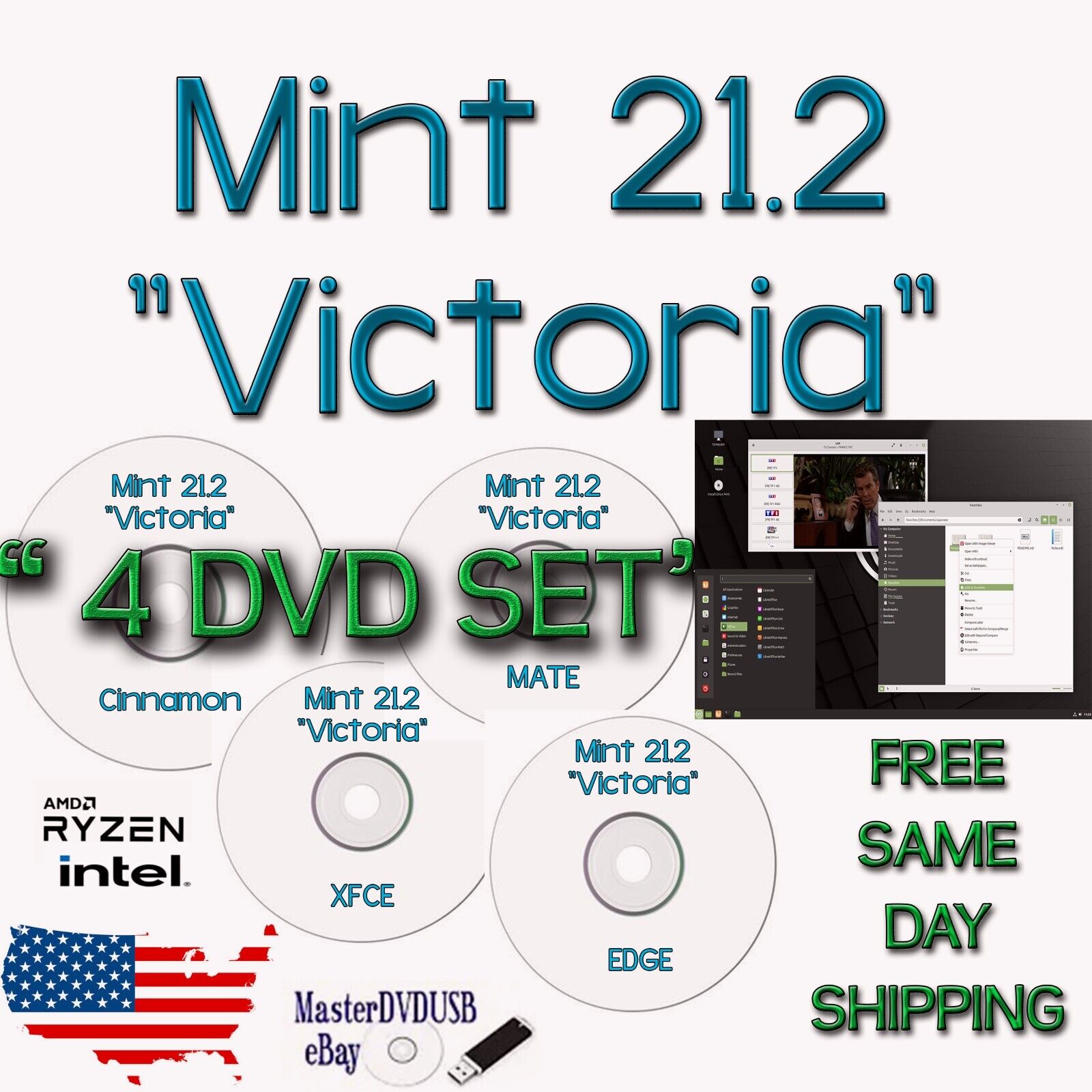 Linux Mint 21.2 “Victoria” 4 DVD Set - 2024 Edition | AAA+ SAME DAY SHIPPING