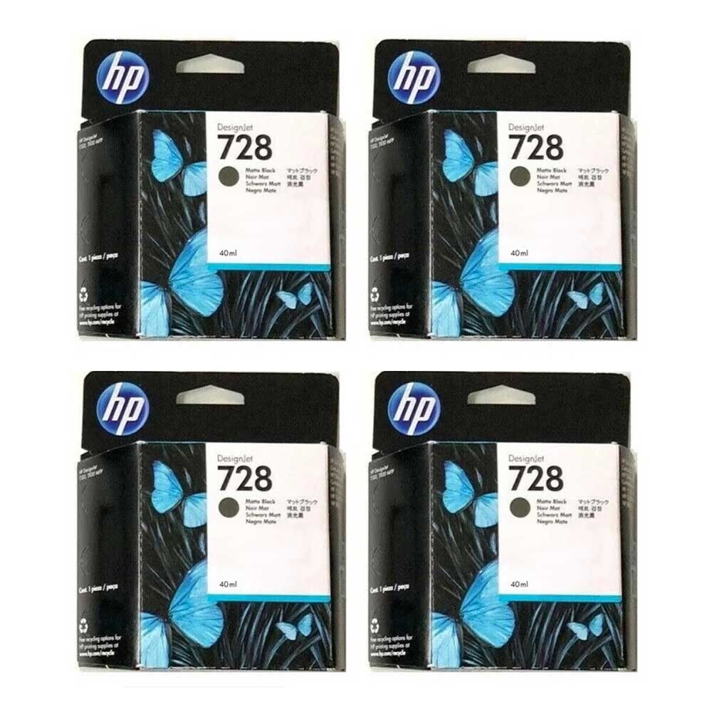 HP 728 Matte Black 40ml DesignJet Ink Cartridge 4 Pack - Brand New Sealed F9J60A