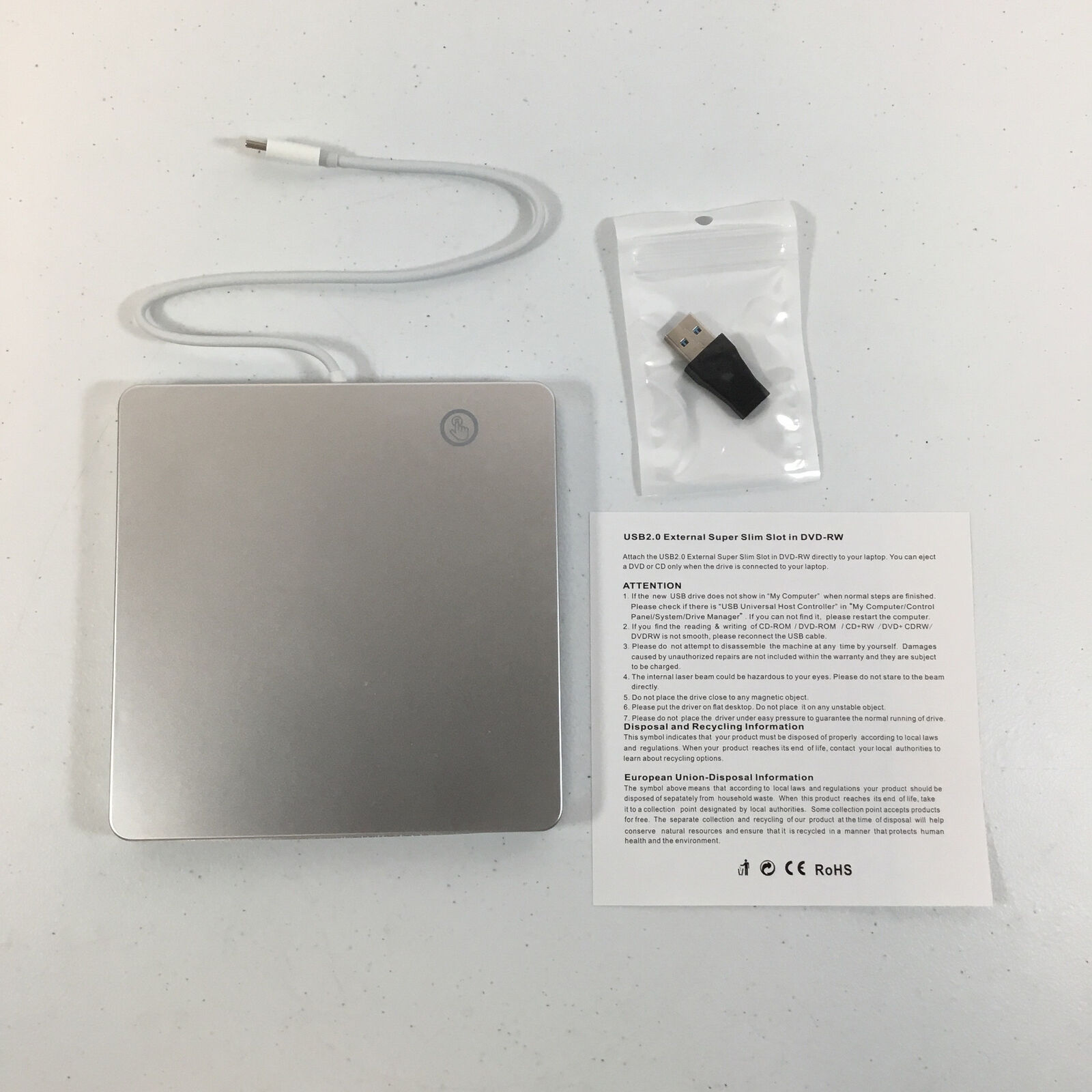 Aouan Silver Ultra Slim Portable USB 3.0 External CD DVD Drive Burner Used
