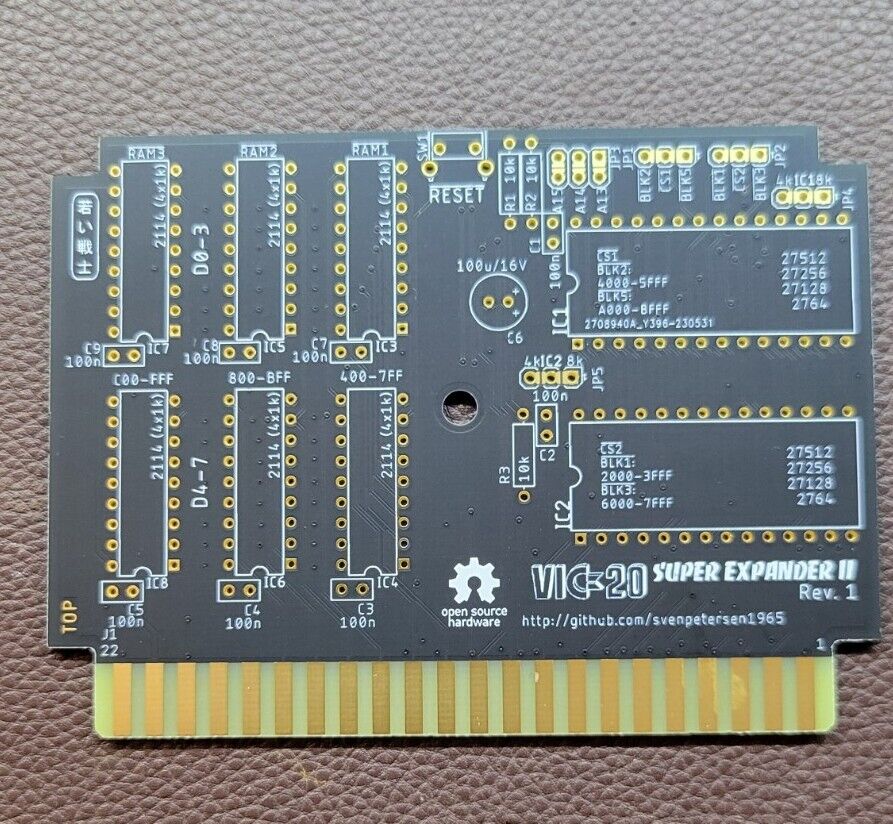 Commodore Vic-20 Super Expander-ii cart. Gold edge for durability. Bare PCB.  