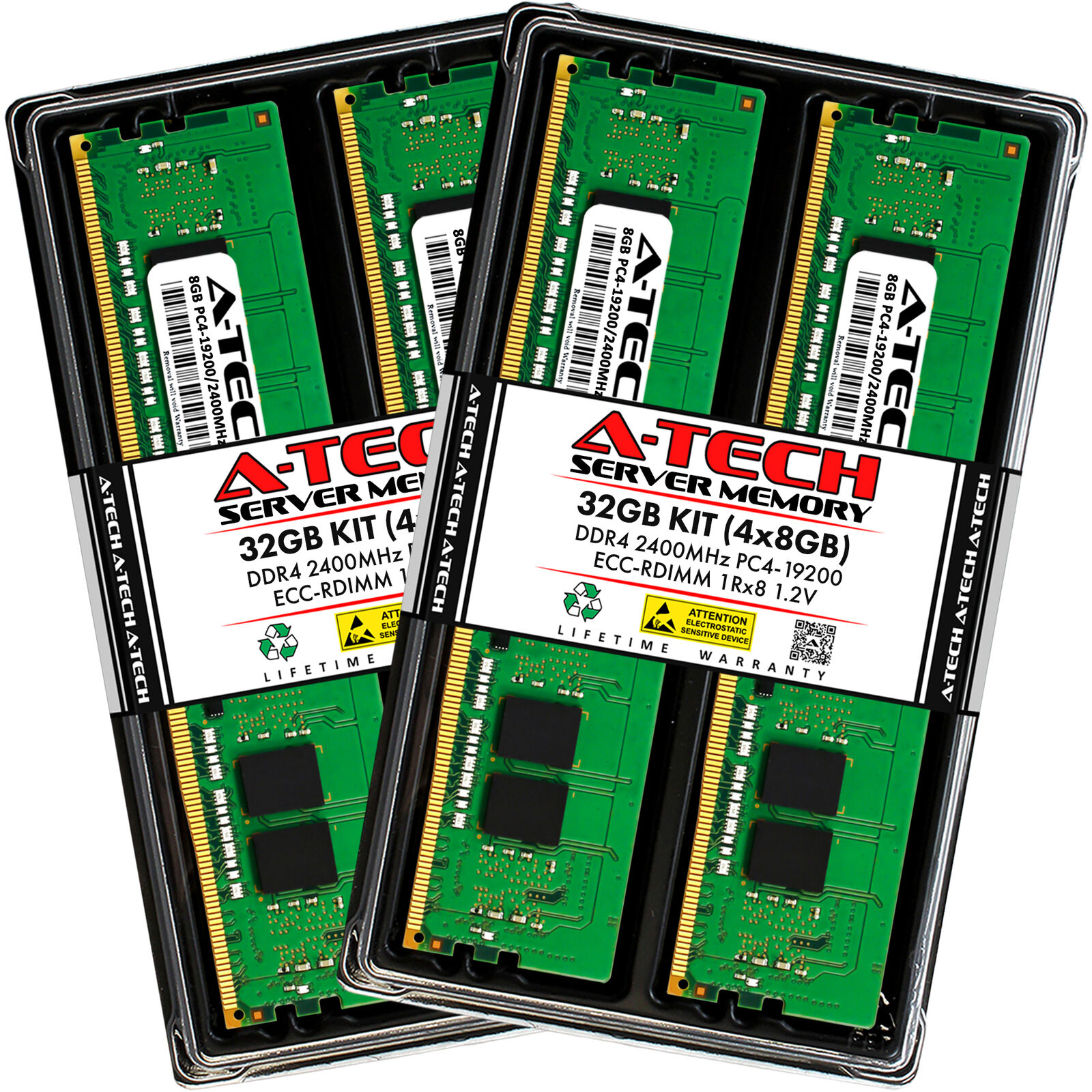 A-Tech 32GB 4x 8GB 1Rx8 PC4-19200R DDR4 2400 MHz ECC REG RDIMM Server Memory RAM
