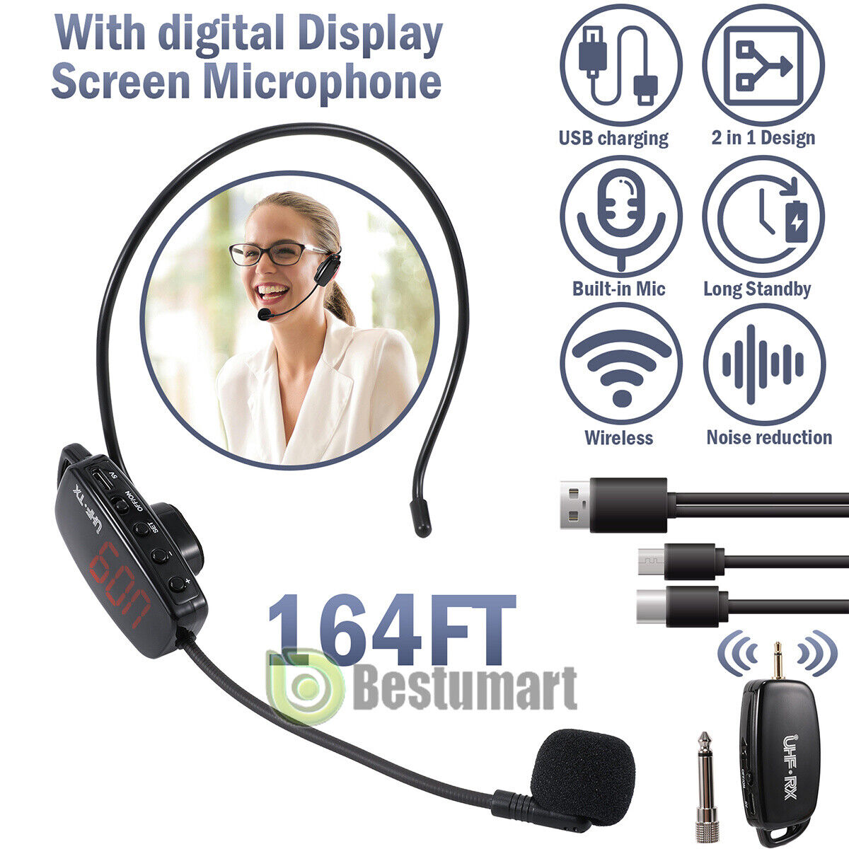 164FT UHF Microfonos Inalambricos Professional Recargables Sistema Mic Con LCD