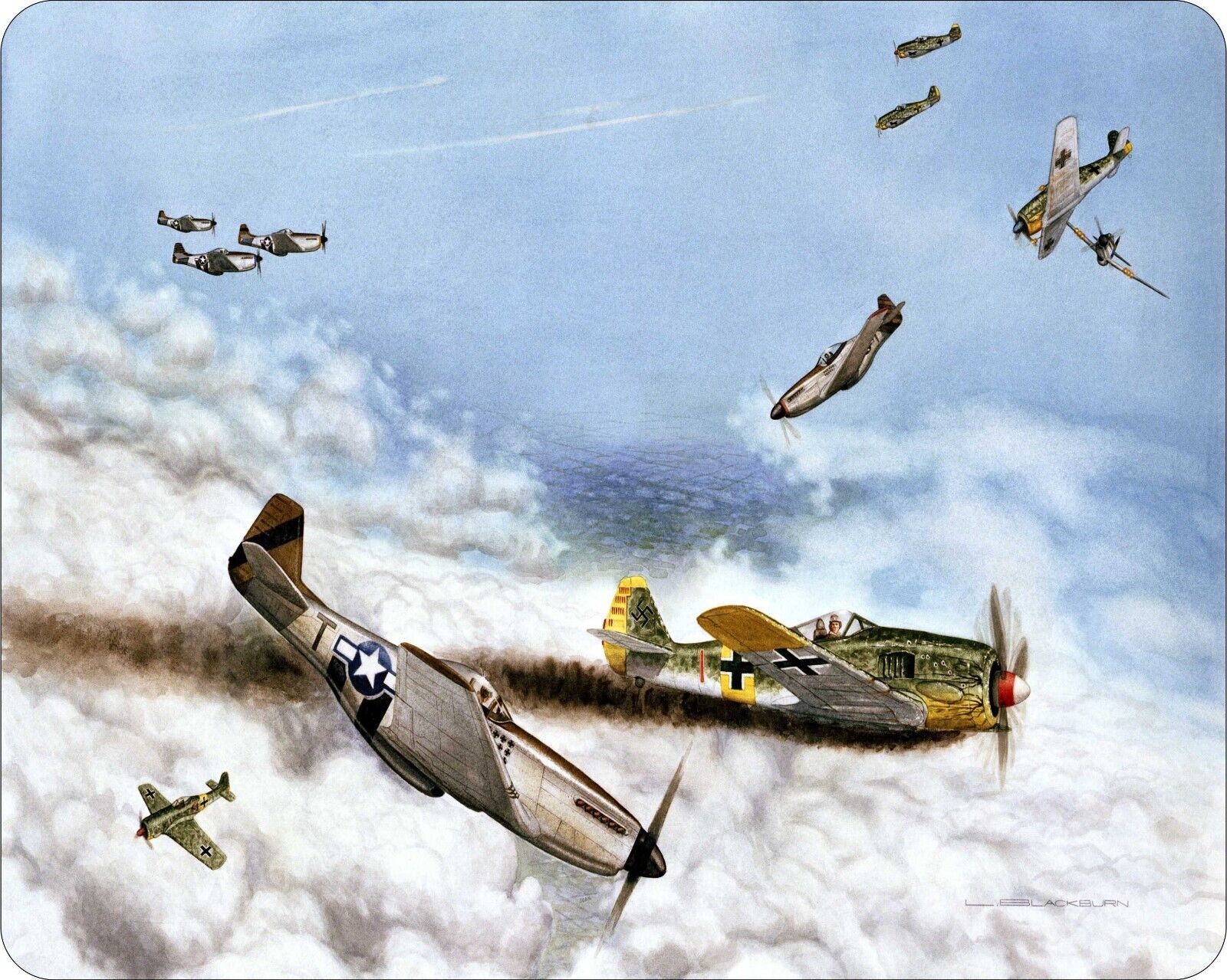 WWII Airplanes In Air Combat Battle Mouse Pad  7 x 9 Mousepad Vintage Aircraft