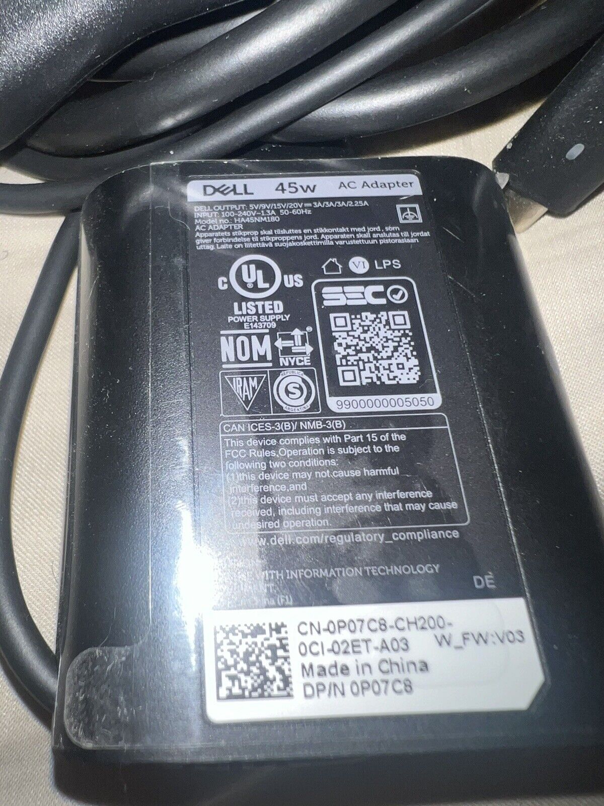 Genuine Dell 45W AC Power Adapter Type-C USB-C Charger HA45NM180 36HFH *USED*