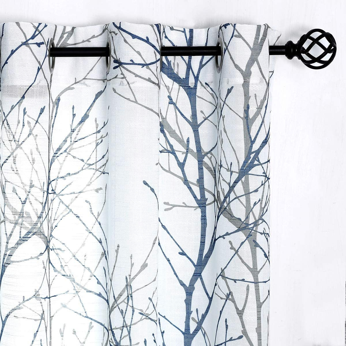 Print Blue White Semi-Sheer Curtain Panels For Bedroom 63” Grey Tree Branch New
