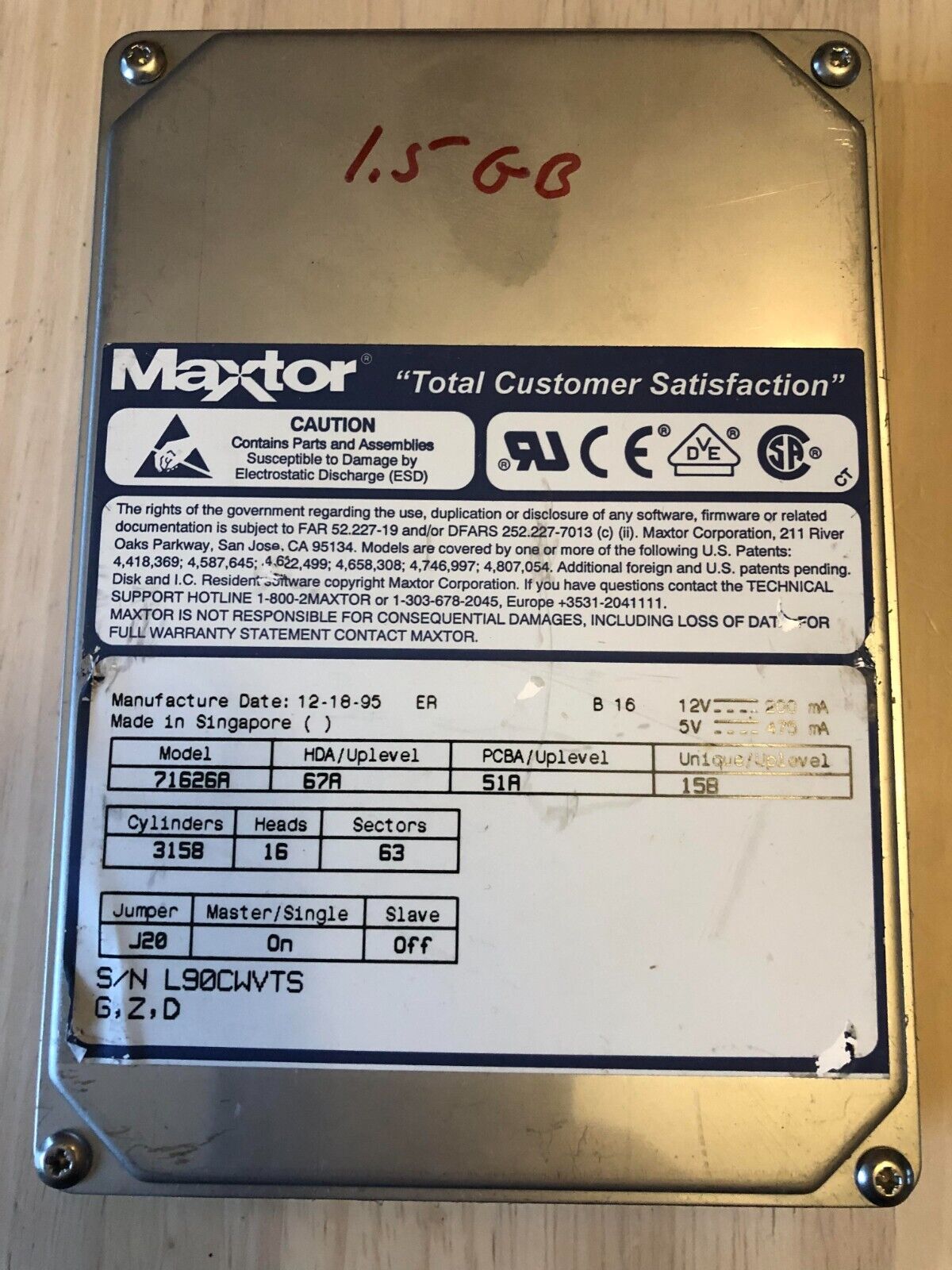Maxtor HDD - 71626A - 1.5GB - CHECK DESCRIPTION - TESTED - WORKING - Vintage