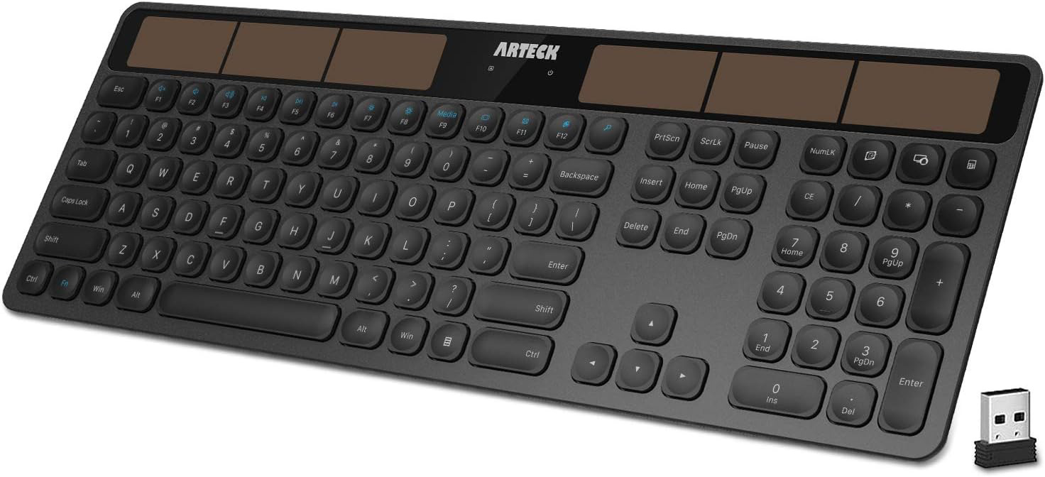 Arteck Wireless Solar Keyboard Full Size Solar Recharging Keyboard for Computer/