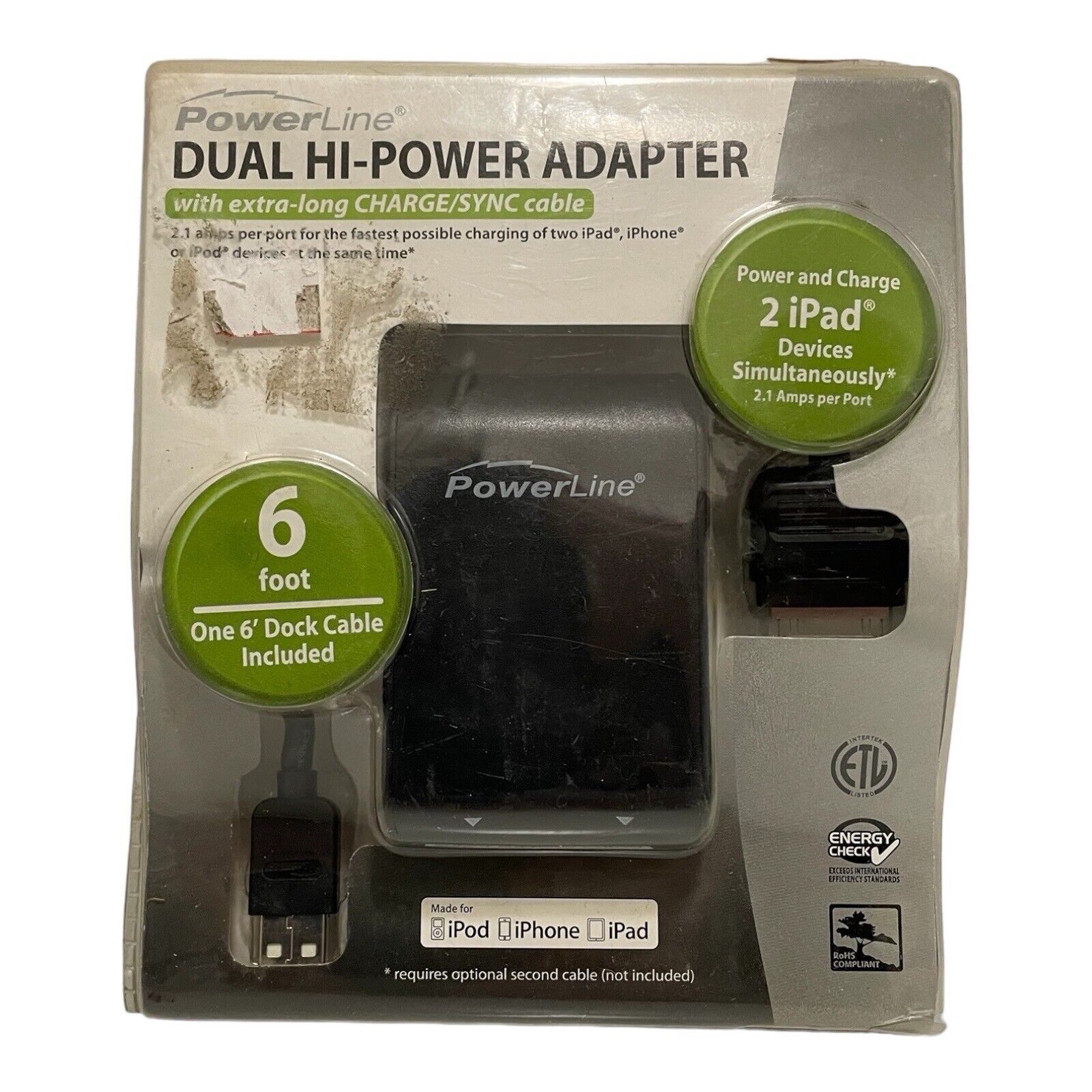 Adapter For iPad, iPhone, iPod NIB Powerline Dual Hi-Power 2 x 2.1a 2100ma