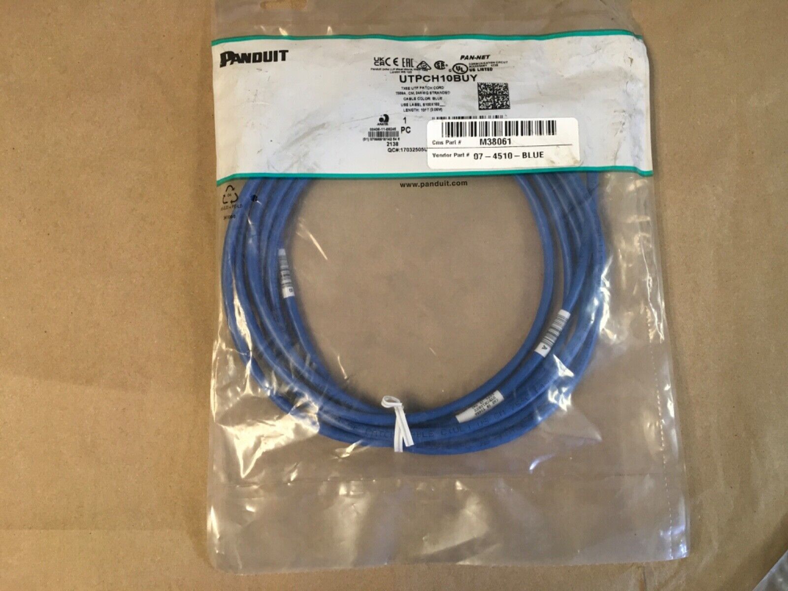 Panduit UTPCH10BUY Blue 24AWG Pan-Net 10ft Patch Cord (KB)