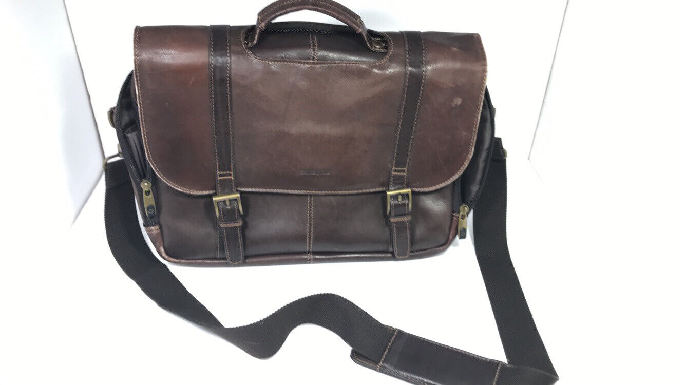 Samsonite Brown Leather Briefcase Laptop Classic Style Flap Messenger