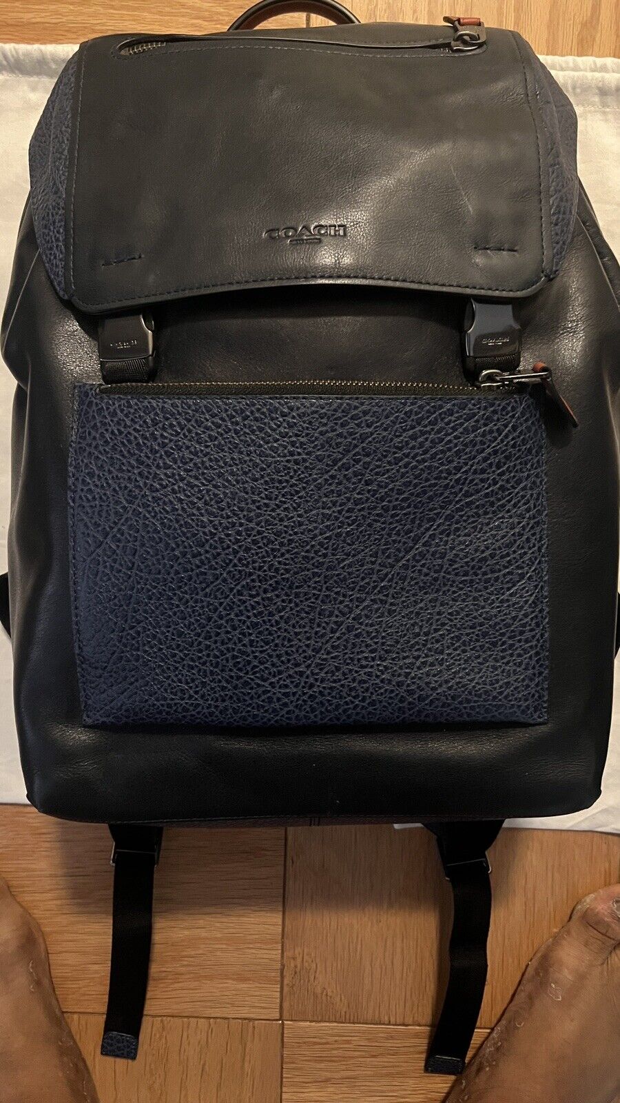 Coach Manhattan 57759 Mixed Leather Backpack Black Antique Nickel/Indigo Laptop