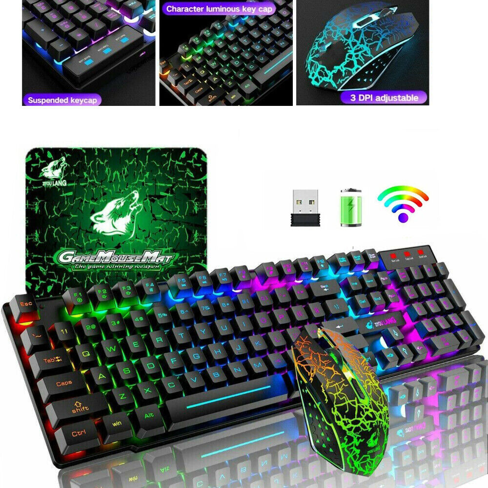 Wireless Gaming Keyboard and Mouse & Mat Combo Mechanical Feel Backlit for PC