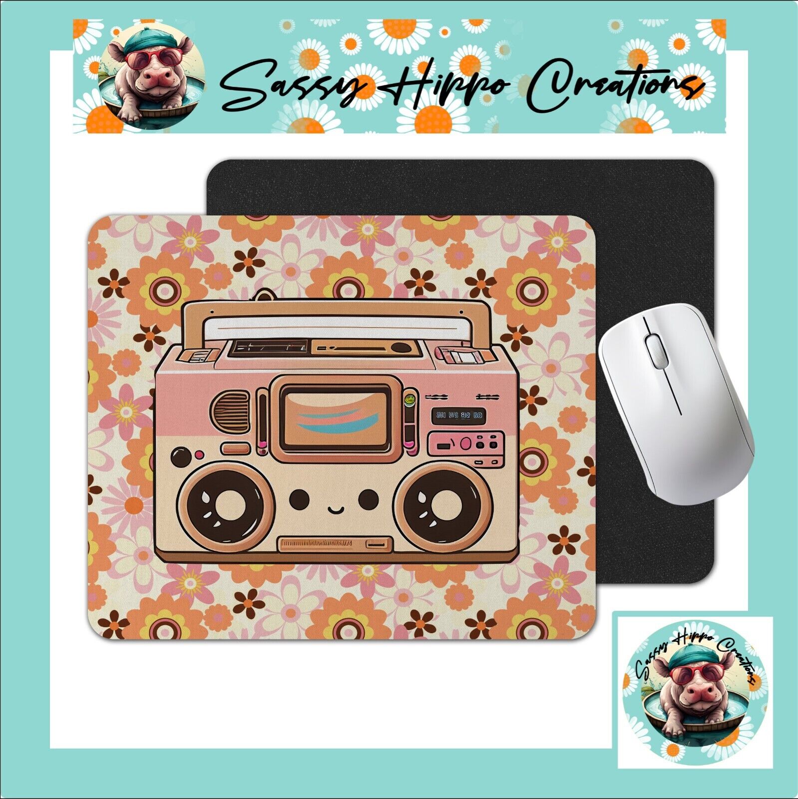 Mouse Pad Boombox Vintage Retro Music Flower Power Anti Slip Back Easy Clean