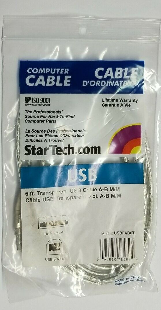 NEW StarTech 6' USB transparent printer cable USB A Male-USB B Male USBFAB6T
