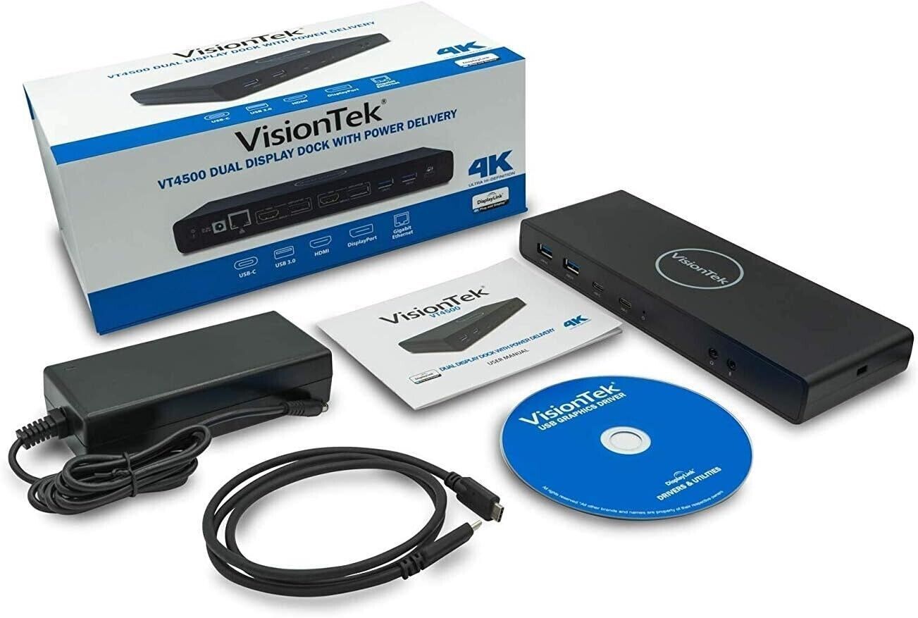 VisionTek VT4500 Dual Display 4K USB 3.0 and USB-C Docking Station with Power