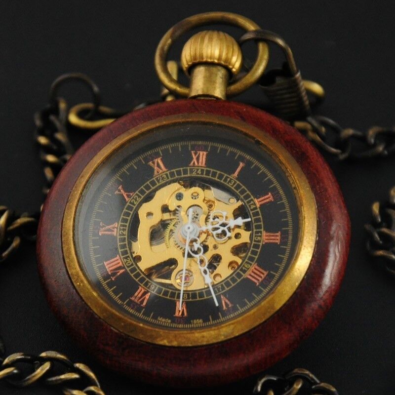 Antique Mechanical Wind up Skeleton Mens Pocket Watch FOB Chain Vintage Gift