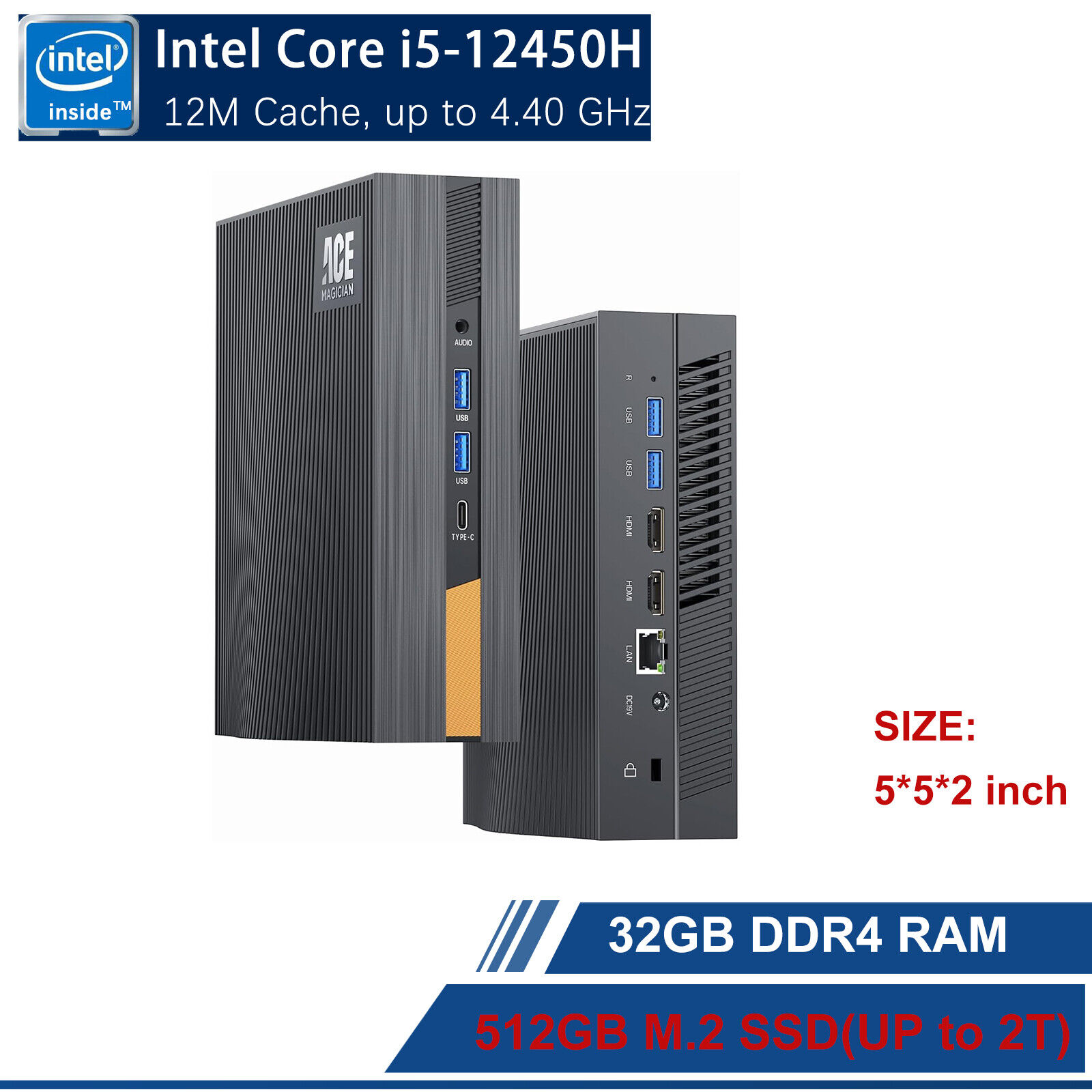 4K Mini PC Intel i5 12th-Gen 12450H 32GB DDR4 512GB SSD, WiFi 6/BT5.2/3-Screen 