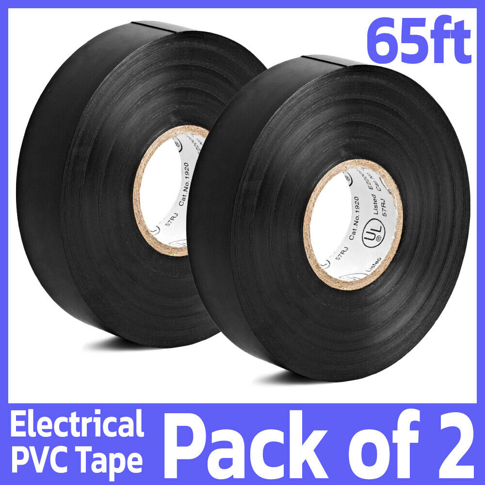 2 Pack PVC Electrical Tape 65 Feet 3/4 Black Insulated Two Rolls Vinyl Duct Tape