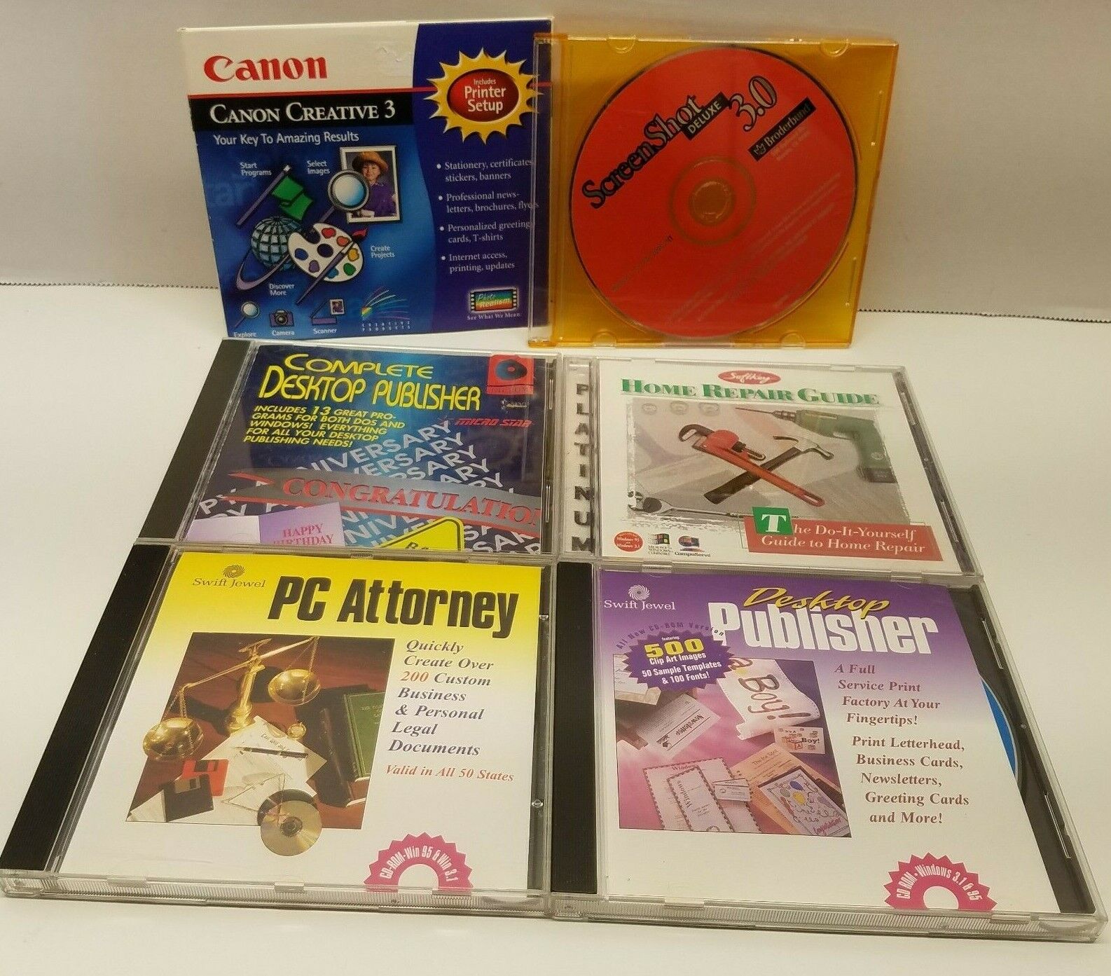 6 VTG PC How To Software CDs Lot 90s/2000s Canon, law, Home Repair, Publisher, +