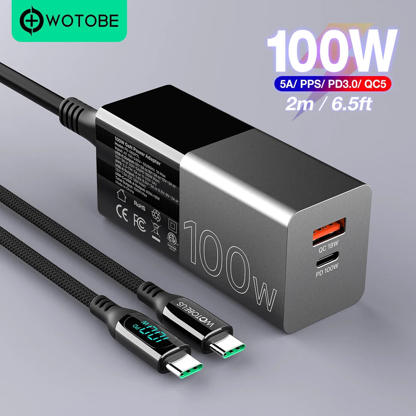 PD 100W GaN USB C Charger Power Adapter, 2-Port 100W PPS 45W QC5 AFC for Laptops