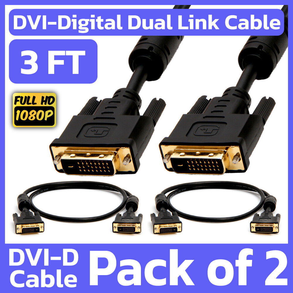2 Pack 3 Feet DVI Cable DVI-D Dual-Link Male to Male Cord Digital Monitor Cable