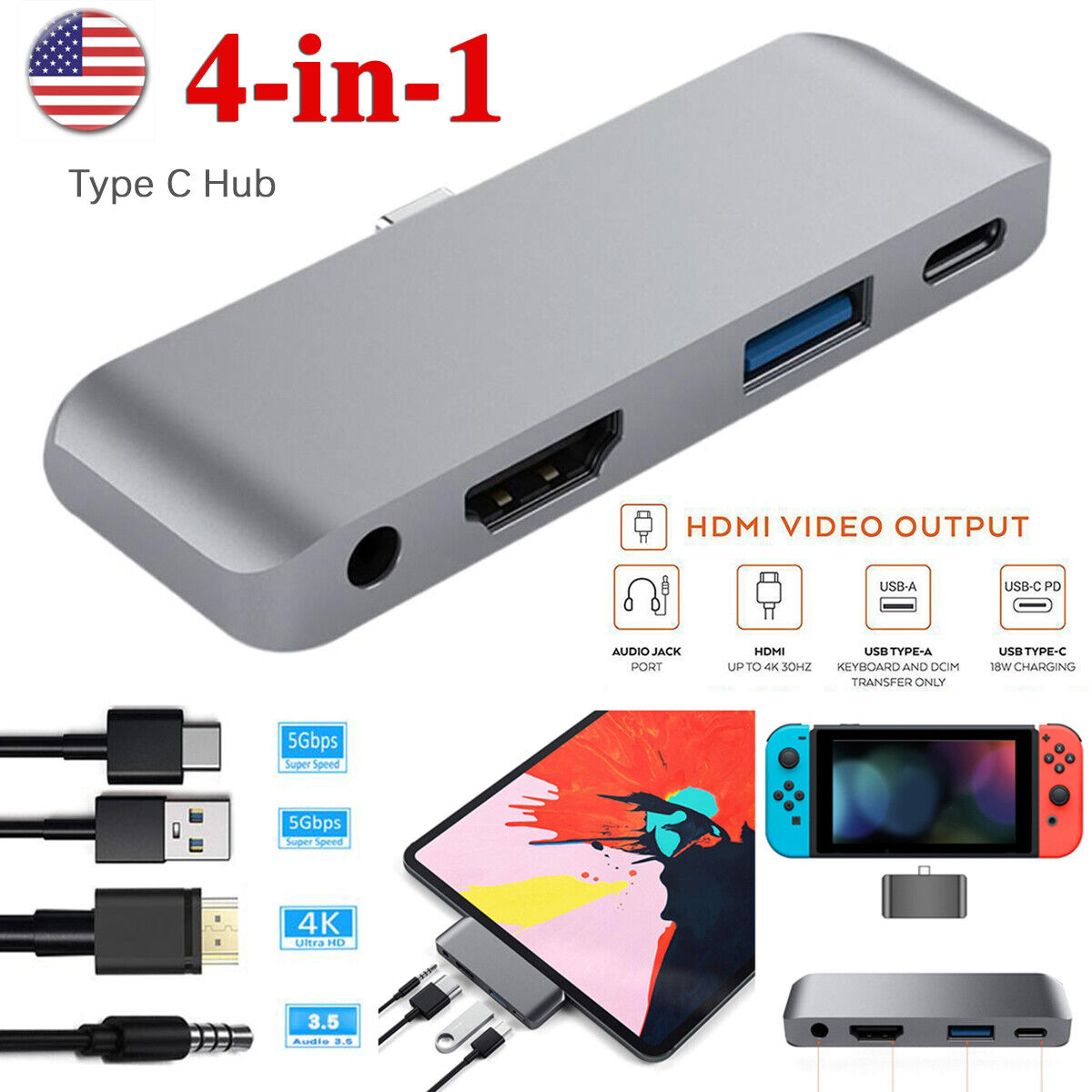 4 in 1 USB3.0 Type-C Hub to HDMI 4K Adapter Charging Dongle for iPad Pro 11/12.9