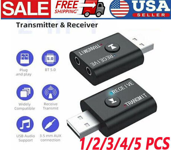 2in1 Bluetooth 5.0 USB Audio Transmitter Receiver Adapter Wireless for Car TV PC