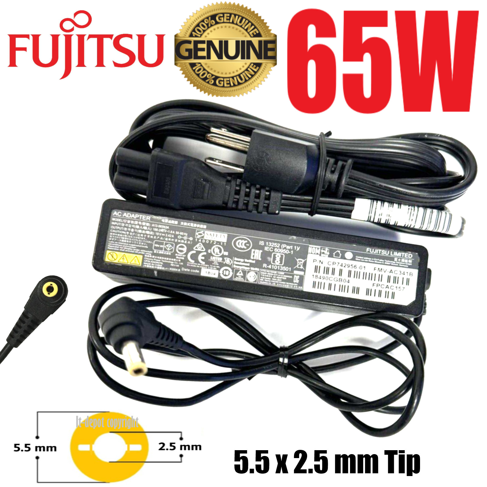 Genuine Fujitsu 65W 5.5x2.5mm Tip 19V 3.42A Laptop AC Adapter Charger A13-065N3A